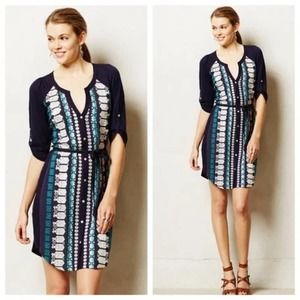 Anthropologie Tiny Nadia Shift Dress S Embroidered Split Neck Blue Green